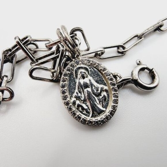 Sterling Silver Paperclip Chain Bracelet Miraculous Medal Religious Pendant - Picture 3 of 6